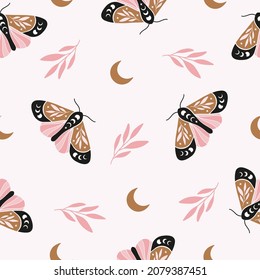 Patrón de vectores sin fisuras - mariposa celestial. Mítico insecto luna moth, floral, luna sobre fondo rosado. Diseño para la impresión mágica, tela, papel pintado, textil, decoración mágica.