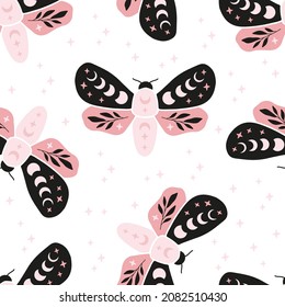 Vector seamless pattern - celestial butterfly with moon phases, floral branch. Mystical insect luna moth on white background. Design for magic print, fabric, wallpaper, textile, magical decor.