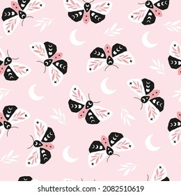 Vector seamless pattern - celestial butterfly with moon phases, floral branch. Mystical insect luna moth on pink background. Design for magic print, fabric, wallpaper, textile, magical decor.