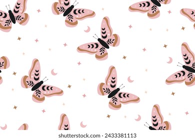 Vector seamless pattern celestial butterfly. Mystical insect luna moth, floral moon on white background. Design for magic print, fabric, wallpaper, textile, magical decor