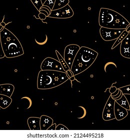 Vector seamless pattern. Celestial gold outline butterfly and moon with stars. Mystical insect luna moth, moon, stars on black background.