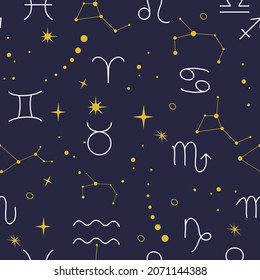 Vector seamless pattern with celestial mystic esoteric magic and zodiac Signs, horoscope elements. Alchemy tattoo template. Vector