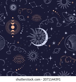 Vector seamless pattern with celestial mystic esoteric magic elements sun moon and clouds Different stages of moon, zodiac Signs. Alchemy tattoo template