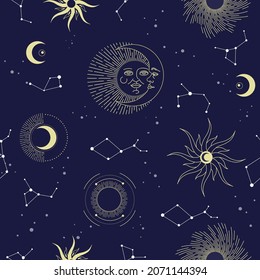 Vector seamless pattern with celestial mystic esoteric magic elements sun moon and clouds Different stages of moon, zodiac Signs. Alchemy tattoo template