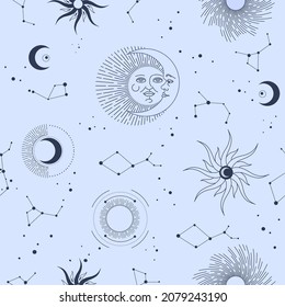 Vector seamless pattern with celestial mystic esoteric magic elements sun moon and clouds Different stages of moon, zodiac Signs. Alchemy tattoo template