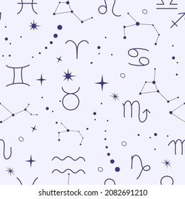 Vector seamless pattern with celestial mystic esoteric magic and zodiac Signs, horoscope elements. Alchemy tattoo template. Vector