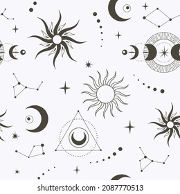 Vector seamless pattern with celestial mystic esoteric magic elements sun moon and clouds Different stages of moon, zodiac Signs. Alchemy tattoo template