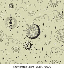 Vector seamless pattern with celestial mystic esoteric magic elements sun moon and clouds Different stages of moon, zodiac Signs. Alchemy tattoo template