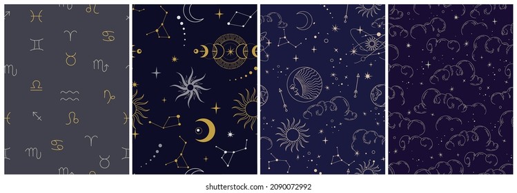 Vector seamless pattern with celestial mystic esoteric magic elements sun moon and clouds Different stages of moon, zodiac Signs. Alchemy tattoo template