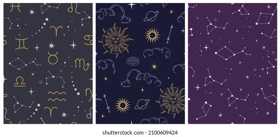 Vector seamless pattern with celestial mystic esoteric magic elements sun moon and clouds Different stages of moon, zodiac Signs. Alchemy tattoo template