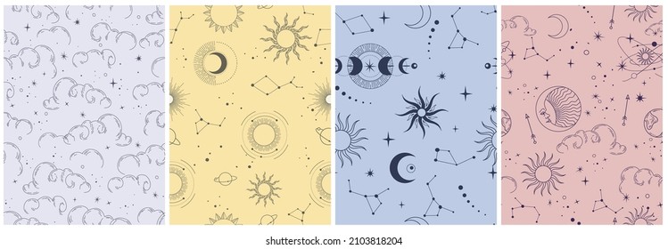 Vector seamless pattern with celestial mystic esoteric magic elements sun moon and clouds Different stages of moon, zodiac Signs. Alchemy tattoo template