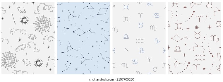 Vector seamless pattern with celestial mystic esoteric magic elements sun moon and clouds Different stages of moon, zodiac Signs. Alchemy tattoo template