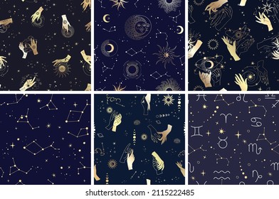 Vector seamless pattern with celestial mystic esoteric magic elements constellations and stars. Alchemy tattoo template. Vector