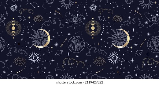 Vector Seamless Pattern With Celestial Mystic Esoteric Magic Elements Constellations And Stars. Alchemy Tattoo Template. Vector