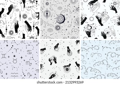 Vector seamless pattern with celestial mystic esoteric magic elements constellations and stars. Alchemy tattoo template. Vector