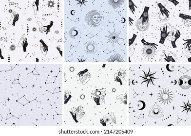 Vector seamless pattern with celestial mystic esoteric magic elements constellations and stars. Alchemy tattoo template. Vector Illustration