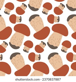 Vector seamless pattern with cep on a white background. Seamless texture, hand-drawn cartoon group of small and large mushrooms. Design template for textiles, wallpaper, print. cep bright hat