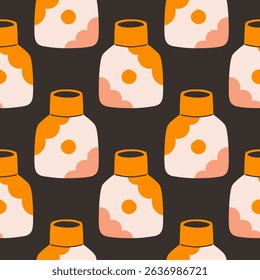 Vector seamless pattern of ceramic vase with abstract design. Cartoon illustration isolated on a black background.