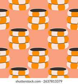Vector seamless pattern of ceramic vase with abstract design. Cartoon illustration isolated on a pink background.