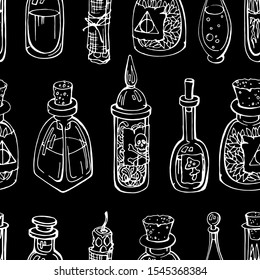 Vector seamless pattern in chalk style. Glass bottles with magic  witch potions and vox candle. Hand drawn sketch, linear white on black. Halloween, fairy tale design.