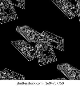 Vector seamless pattern in chalk style : hand drawn linear white tarot cards on black. Mysticism, divination, predictions, occultism. Monochrome design for textile, fabric, wrapping paper.