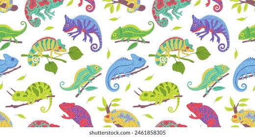 Vector seamless pattern with chameleons sitting on a tree branch and showing their camouflage surrounded by forests. Ideal for textiles with exotic lizards