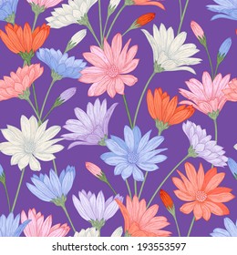 Vector seamless pattern with chamomile flowers on a purple background.