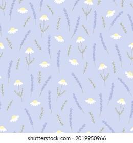 Vector seamless pattern with chamomile and lavender on violet backdrop. For wallpapers, decoration, invitation baby shower, fabric, textile and linen print clothes and pajamas, gift and wrapping paper