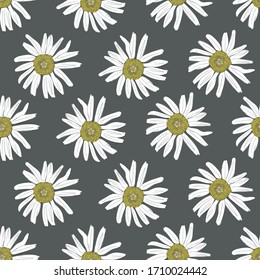 Vector seamless pattern with the chamomiles on a gray background in vintage style for textile