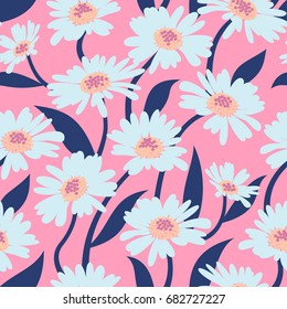 Vector seamless pattern with the chamomiles on a pink background in vintage style for textile
