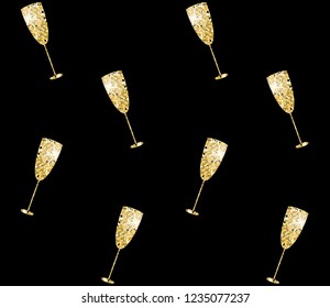Vector seamless pattern of champagne vine glass gold glitter textured isolated on black 