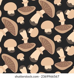 Vector seamless pattern with champignon mushroom on a dark background. Seamless texture, hand-drawn cartoon striped mushrooms. Design template for textiles, wallpaper, print. champignon on grey