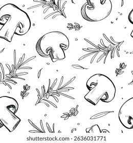 Vector seamless pattern. Champignon mushrooms and rosemary herb. Culinary background. Kitchen decor.