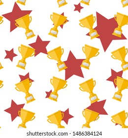 Vector  seamless pattern with Champion cup  on a white background and red stars in flat  style