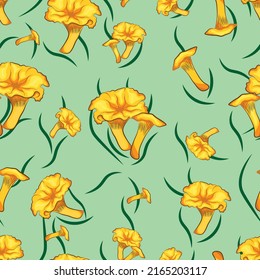 Vector seamless pattern. Chanterelle mushroom on a green background with herbal elements. Design for printing on textiles, clothing, wallpaper printing.