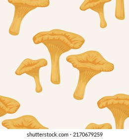 Vector Seamless Pattern with Chanterelle Mushroom on White Background. Seamless Texture, Hand Drawn Cartoon Chanterelle Mushrooms. Design Template for Textile, Wallpaper, Print. Cantharellus Cibarius
