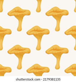 Vector Seamless Pattern with Chanterelle Mushroom on White. Seamless Texture, Hand Drawn Cartoon Chanterelle Mushrooms. Design Template for Textile, Wallpaper, Print. Cantharellus Cibarius