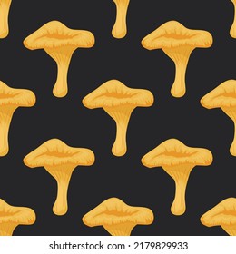 Vector Seamless Pattern with Chanterelle Mushroom on Black. Seamless Texture, Hand Drawn Cartoon Chanterelle Mushrooms. Design Template for Textile, Wallpaper, Print. Cantharellus Cibarius