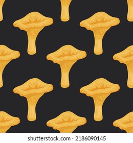 Vector Seamless Pattern with Chanterelle Mushroom on Black. Seamless Texture, Hand Drawn Cartoon Chanterelle Mushrooms. Design Template for Textile, Wallpaper, Print. Cantharellus Cibarius