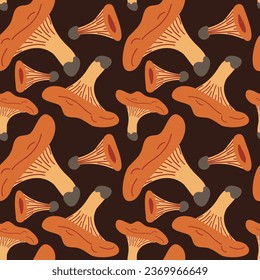 Vector seamless pattern with chanterelle mushroom on a dark background. Seamless texture, hand-drawn cartoon Chanterelle mushrooms. Design template for textiles, wallpaper, print. Cantarell Sybarius