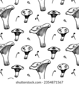 Vector seamless pattern of chanterelle mushrooms hand drawn style