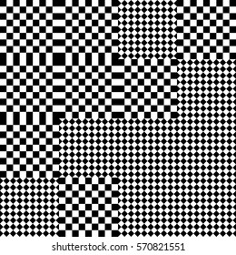 Vector seamless pattern. Chaotic background, design element template with black white squares and rhombuses. Backdrop, texture with optical illusion. Asymmetric random tartan, textile, fabric cloth