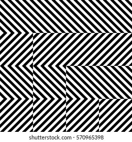 Vector seamless pattern. Chaotic background, design template with striped black white diagonal inclined lines. Backdrop, texture with optical illusion. Asymmetric random tiles of card, cover, print