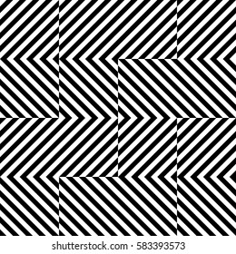 Vector seamless pattern. Chaotic background, design template with striped black white diagonal inclined lines. Backdrop, texture with optical illusion. Asymmetric random tiles of card, cover, print