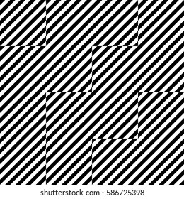 Vector seamless pattern. Chaotic background, design template with striped black white diagonal inclined lines. Backdrop, texture with optical illusion. Asymmetric random tiles of card, cover, web, app