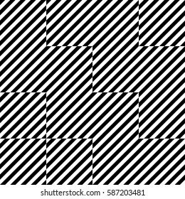 Vector seamless pattern. Chaotic background, design template with striped black white diagonal inclined lines. Backdrop, texture with optical illusion. Asymmetric random tiles of card, cover, web, app