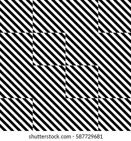 Vector seamless pattern. Chaotic background, design template with striped black white diagonal inclined lines. Backdrop, texture with optical illusion. Asymmetric random tiles of card, cover, print