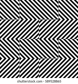 Vector seamless pattern. Chaotic background, design template with striped black white diagonal inclined lines. Backdrop, texture with optical illusion. Asymmetric random tiles of card, cover, web, app