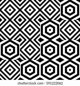 Vector seamless pattern. Chaotic background, design template with striped black white rhombuses (squares), hexagons. Backdrop, texture with asymmetry. Asymmetric random swatch of card, cover, web, app