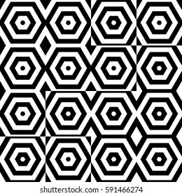 Vector seamless pattern. Chaotic background, figurative design template with striped black white hexagons. Backdrop, texture with random asymmetry. Asymmetric chaos, swatch, card, cover, web, app